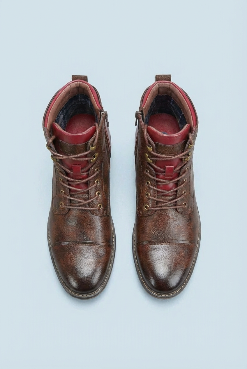 Men's brown lace-up ankle boots with side zippers and low heels