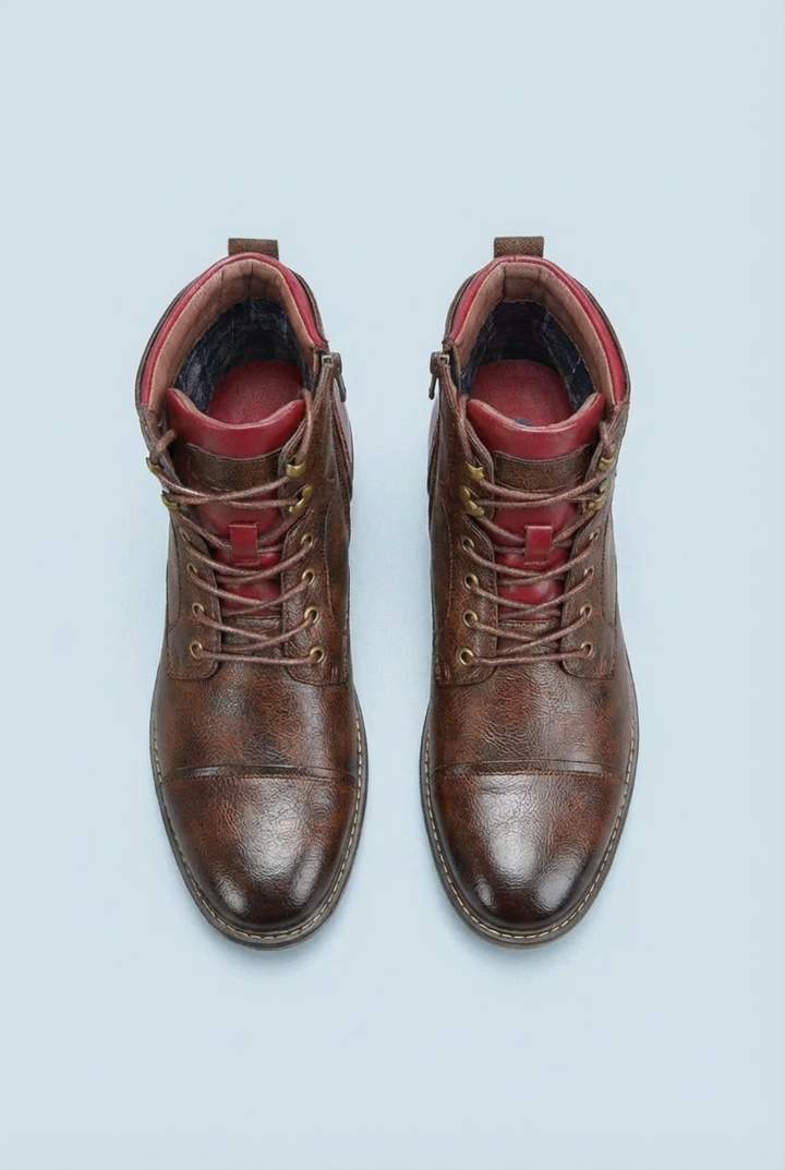 Men's brown lace-up ankle boots with side zippers and low heels