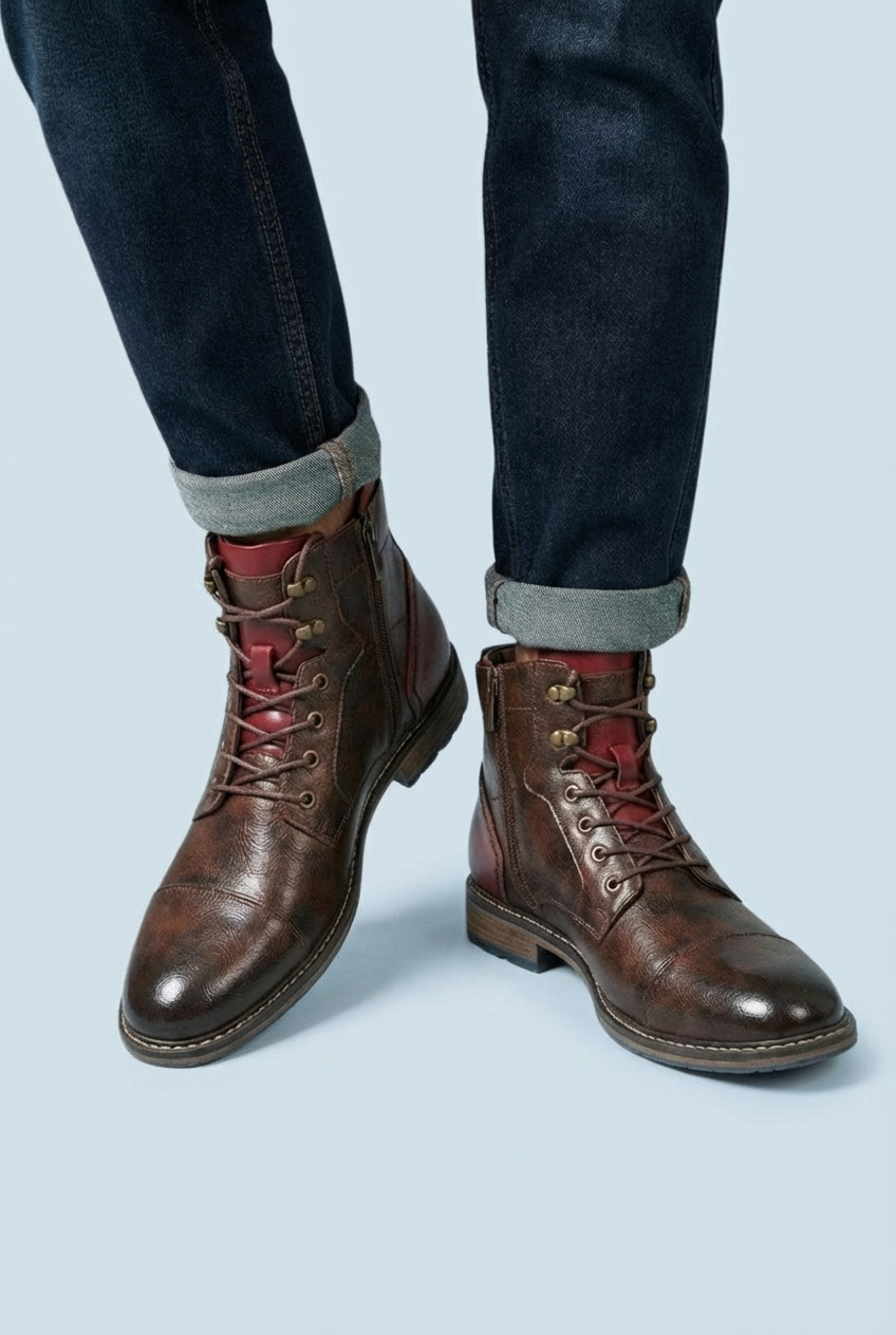Men's brown lace-up ankle boots with side zippers and low heels
