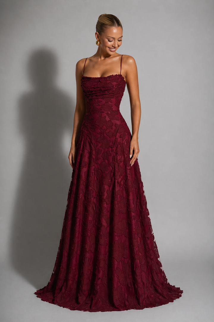 Women's lace sweetheart neckline strappy maxi dress in red and white