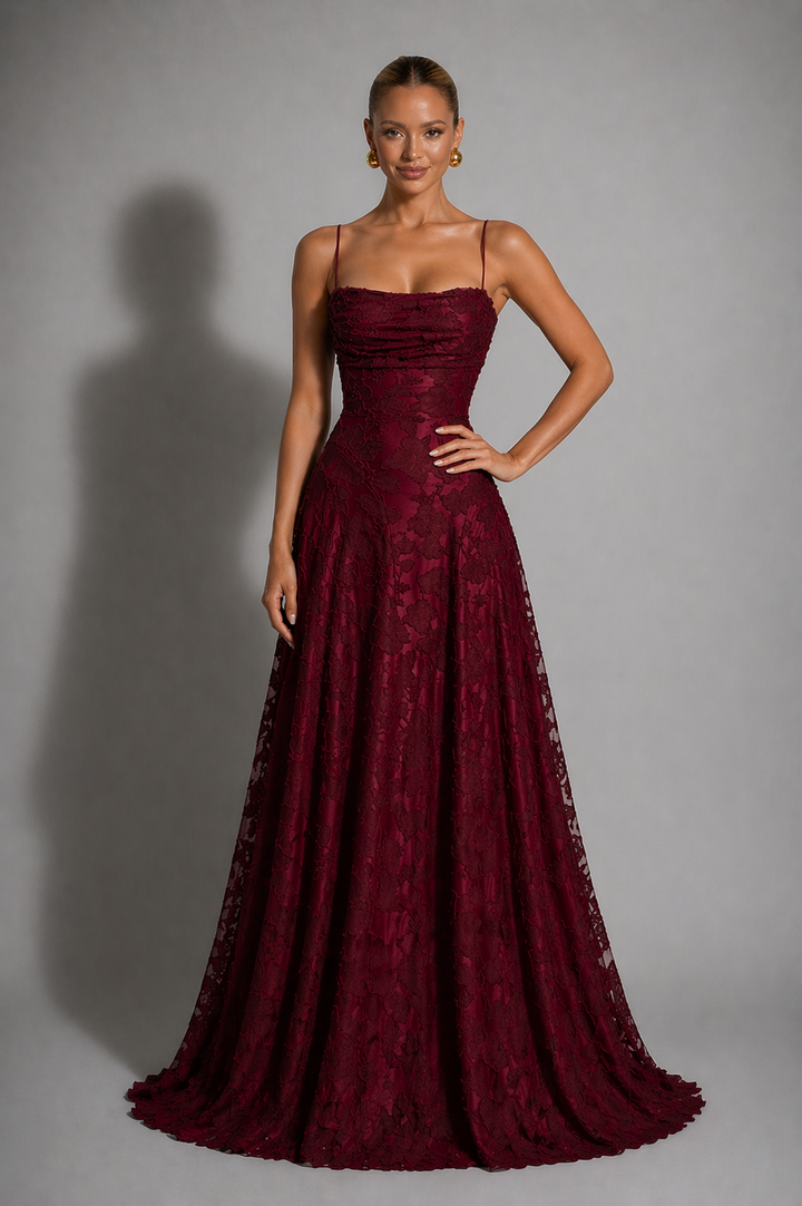 Women's lace sweetheart neckline strappy maxi dress in red and white