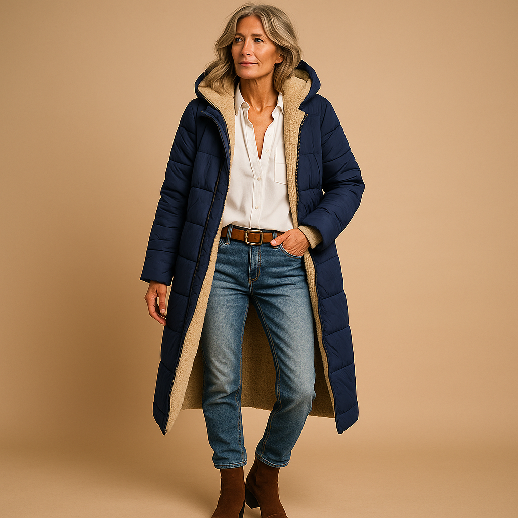 Women's long quilted hooded coat with contrasting textured lining