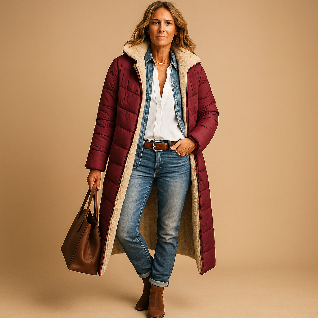 Women's long quilted hooded coat with contrasting textured lining