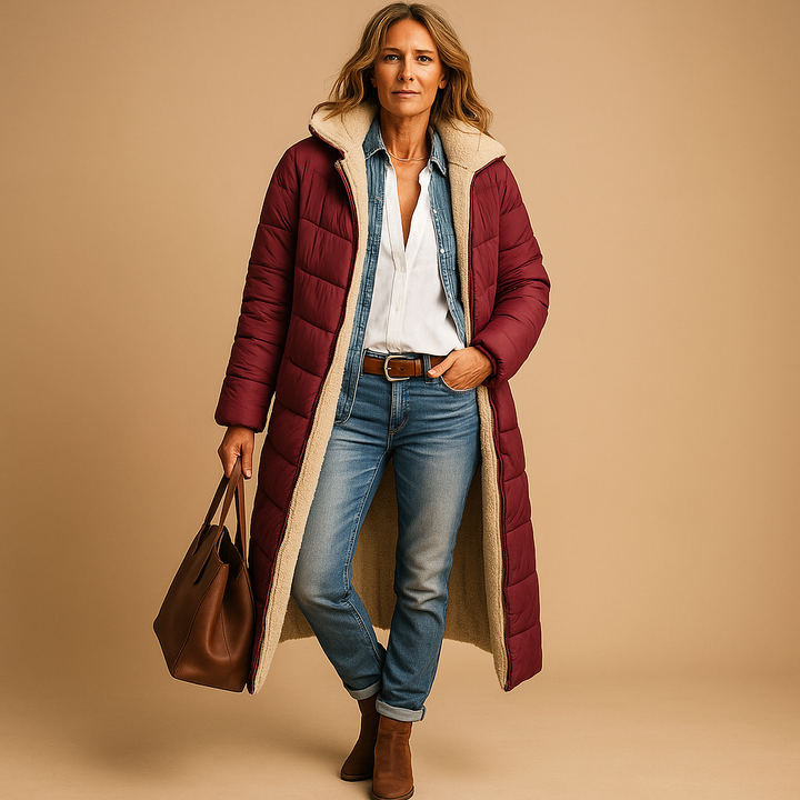 Women's long quilted hooded coat with contrasting textured lining