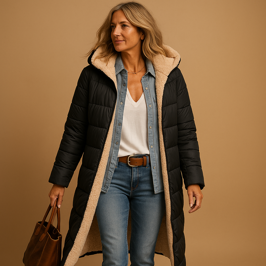 Women's long quilted hooded coat with contrasting textured lining
