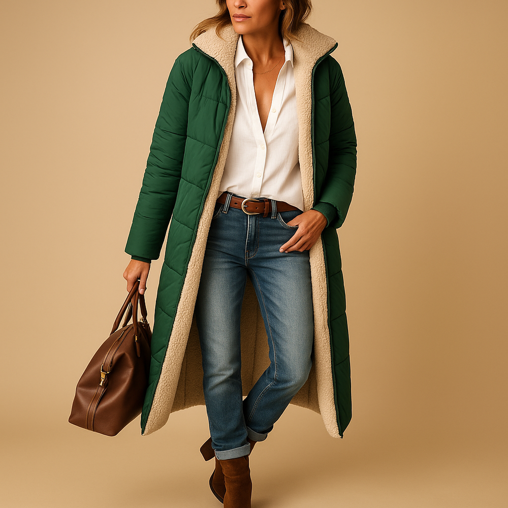 Women's long quilted hooded coat with contrasting textured lining
