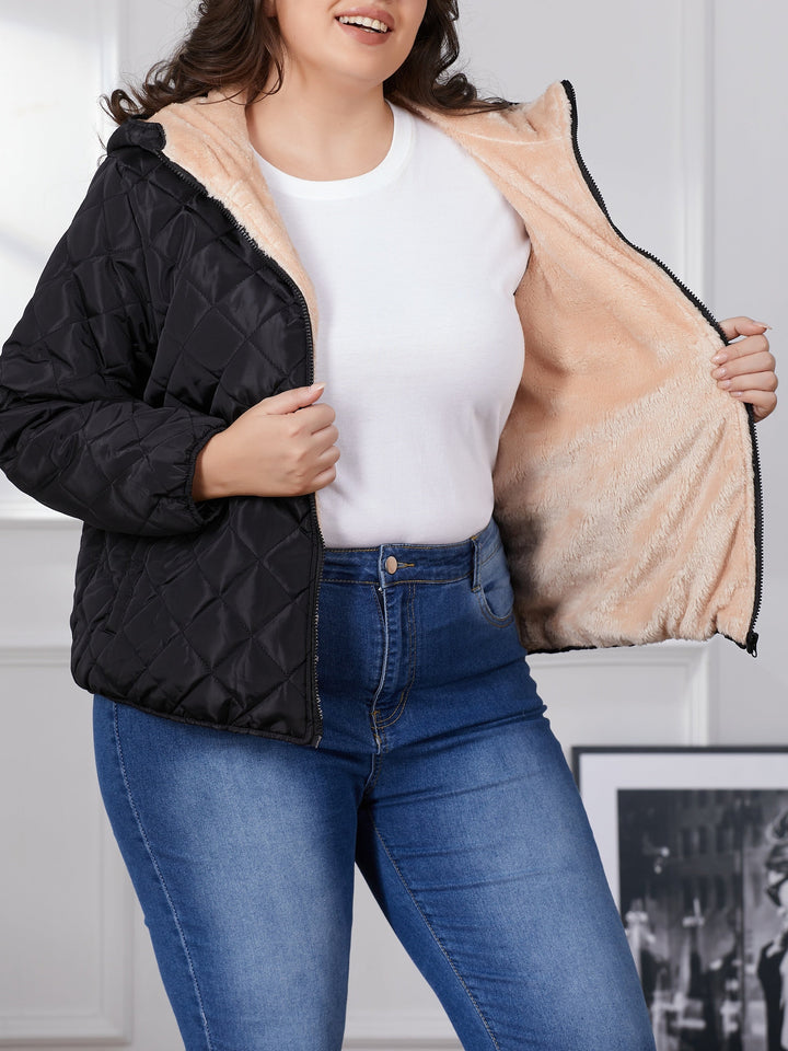 Women's plus size black quilted hooded jacket with zip front