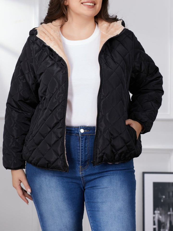 Women's plus size black quilted hooded jacket with zip front