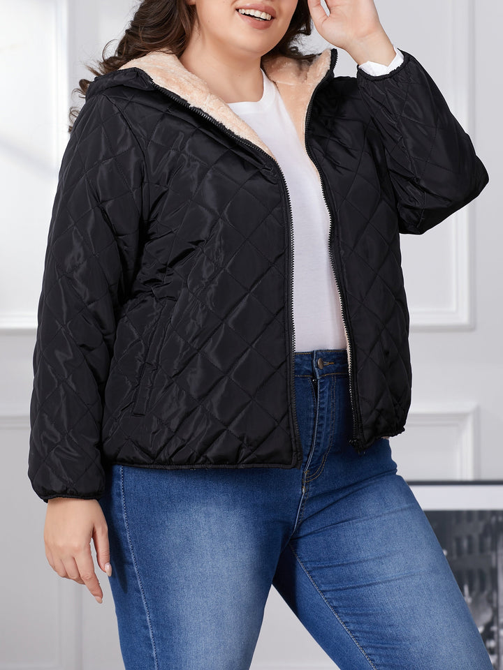 Women's plus size black quilted hooded jacket with zip front