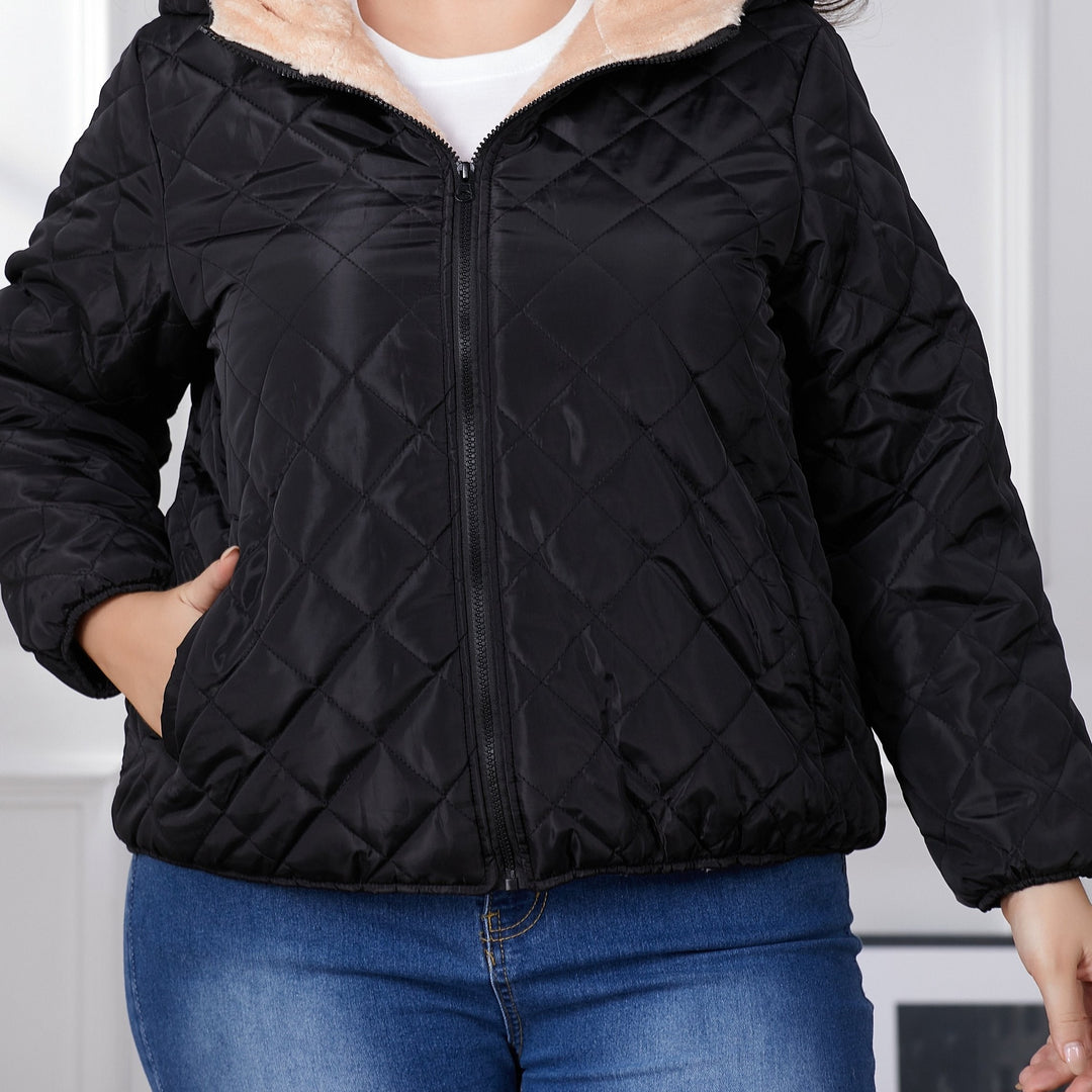 Women's plus size black quilted hooded jacket with zip front