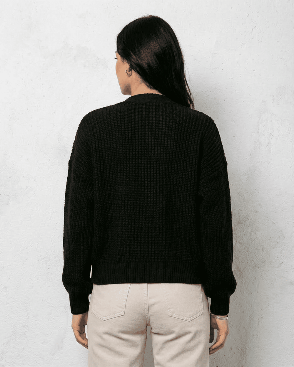 Women's black ribbed knit cardigan with V-neck and button front