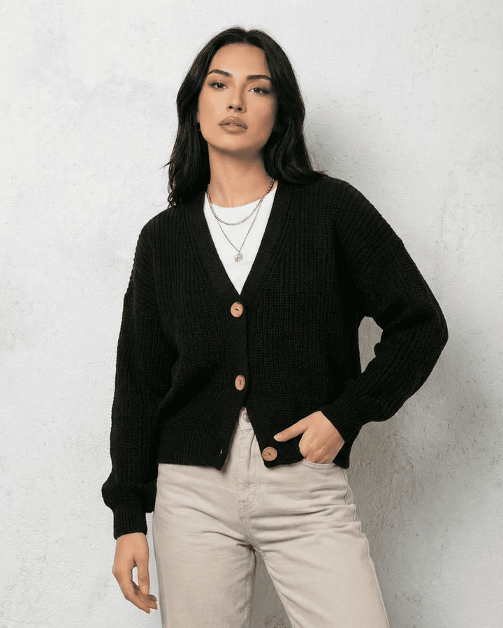 Women's black ribbed knit cardigan with V-neck and button front