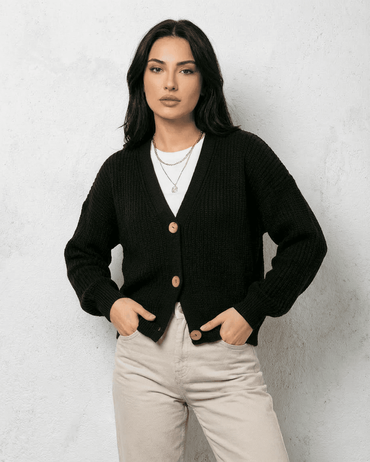 Women's black ribbed knit cardigan with V-neck and button front