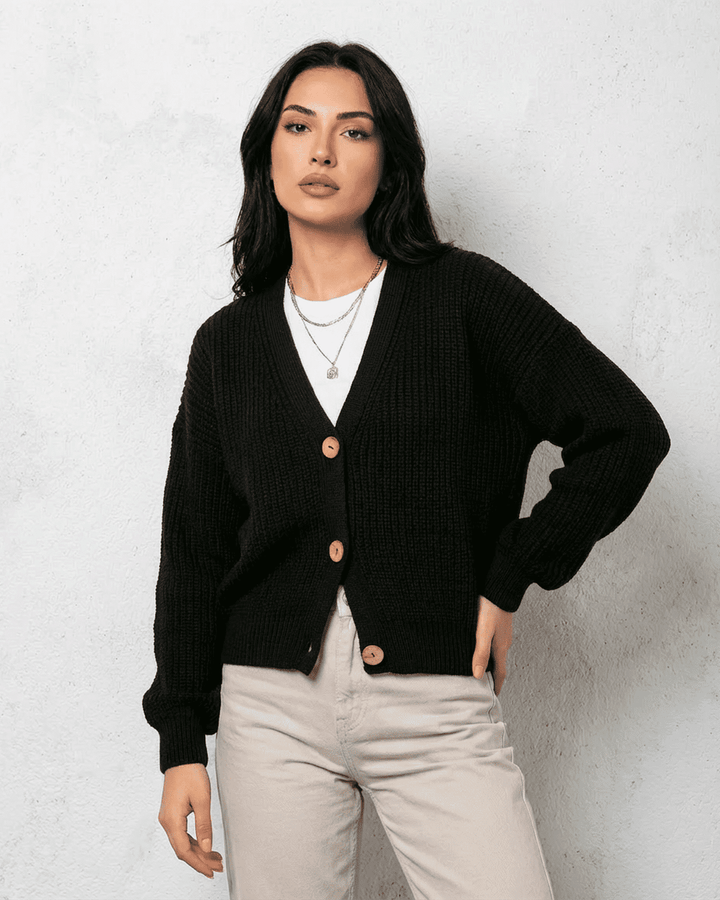 Women's black ribbed knit cardigan with V-neck and button front