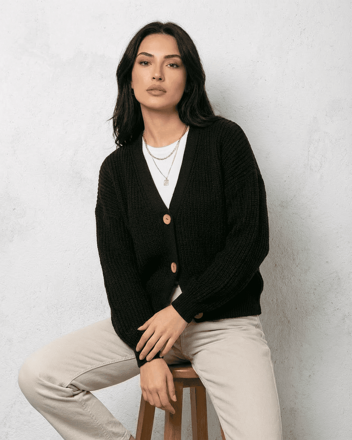 Women's black ribbed knit cardigan with V-neck and button front