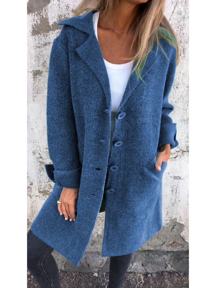 Women's longline button-front coat with lapel collar and long sleeves