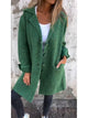 Women's longline button-front coat with lapel collar and long sleeves