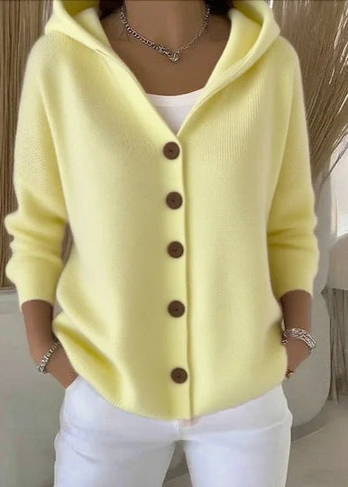 Women's hooded button-front cardigan with long sleeves and ribbed knit texture