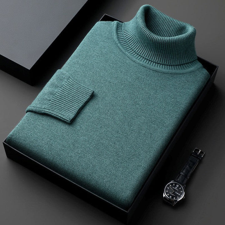Plain ribbed turtleneck sweater folded in a presentation box