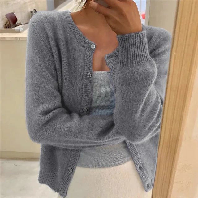 Women's ribbed knit cardigan with round neckline, button front and long sleeves
