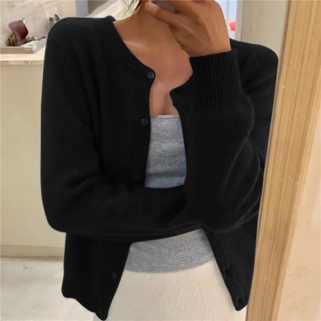 Women's ribbed knit cardigan with round neckline, button front and long sleeves
