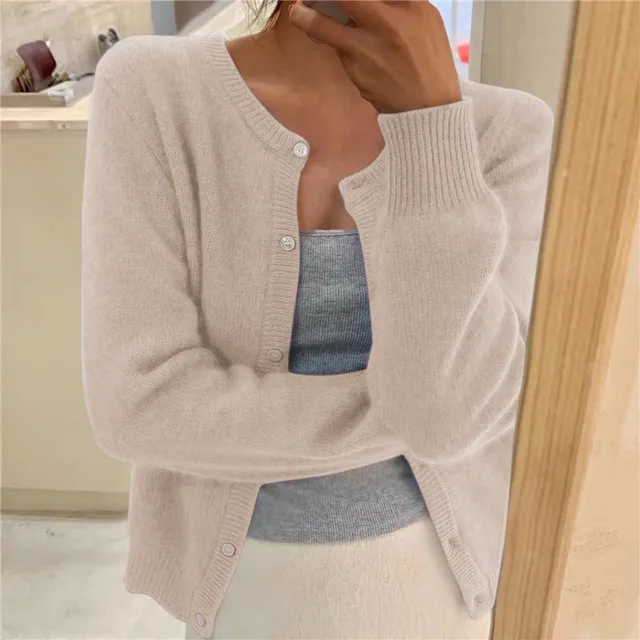 Women's ribbed knit cardigan with round neckline, button front and long sleeves