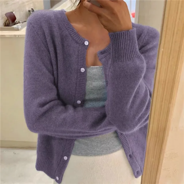 Women's ribbed knit cardigan with round neckline, button front and long sleeves