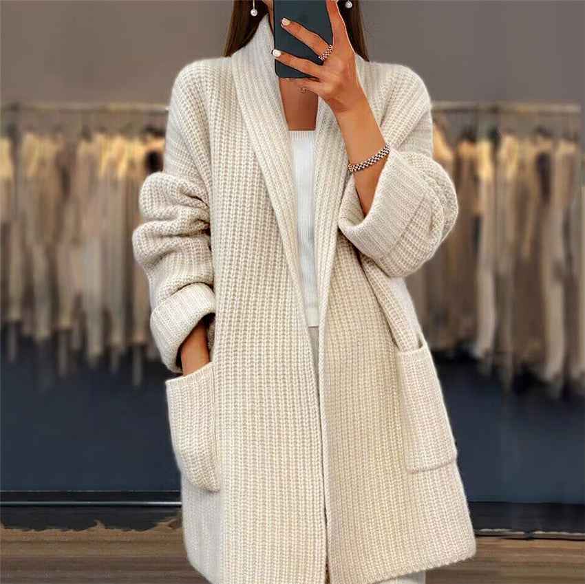 Women's loose longline knit cardigan with open front