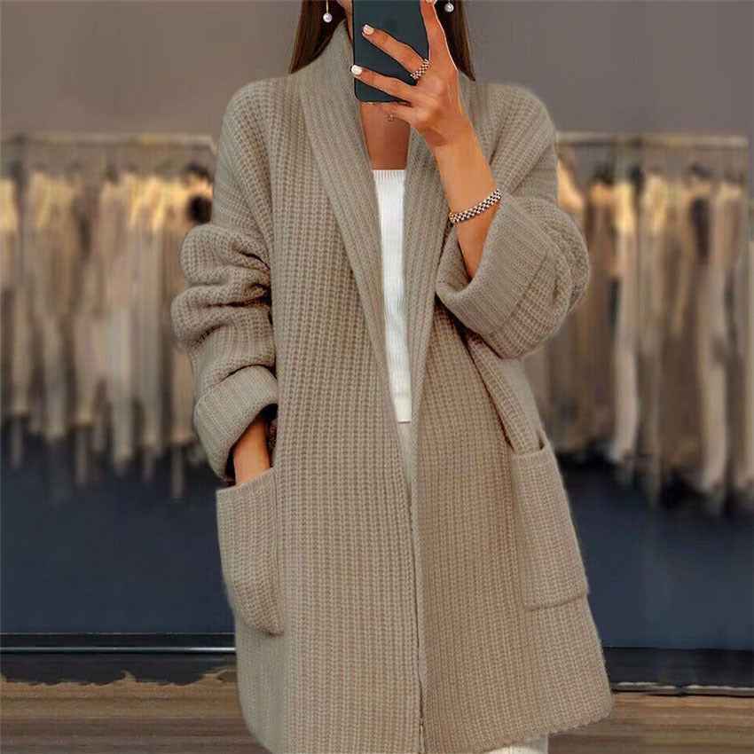 Women's loose longline knit cardigan with open front