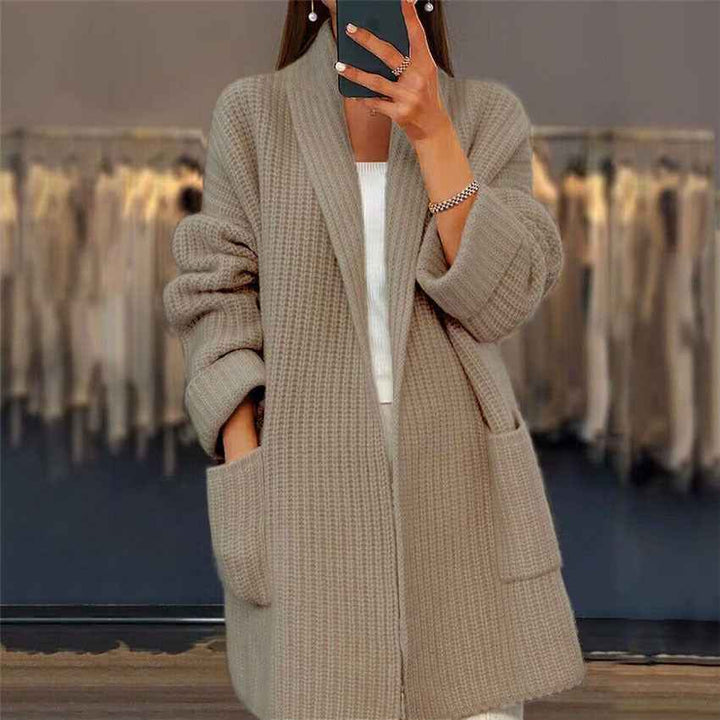 Women's loose longline knit cardigan with open front