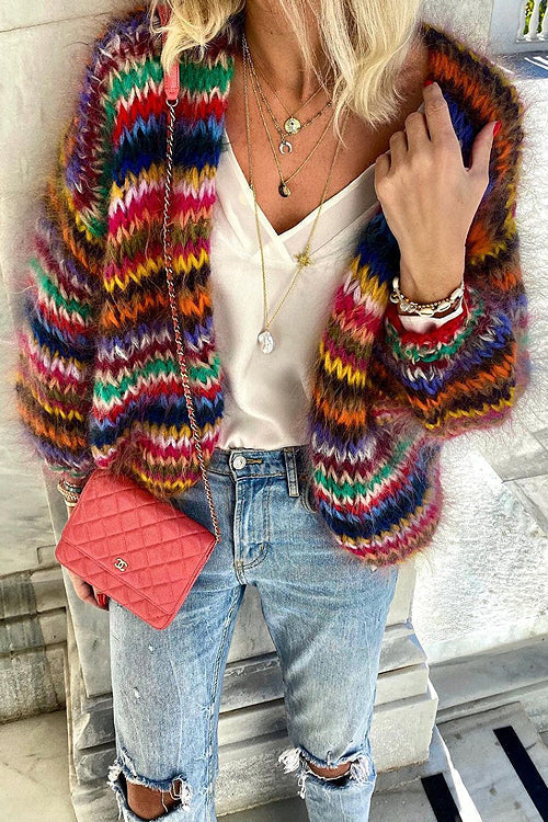 Women's multicoloured striped knit cardigan with long sleeves and open front