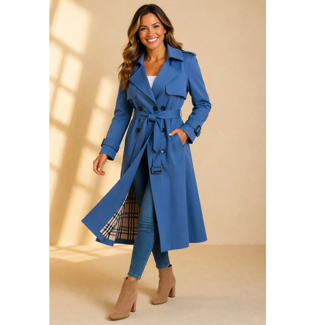 Women's belted double-breasted trench coat with lapel collar and long sleeves