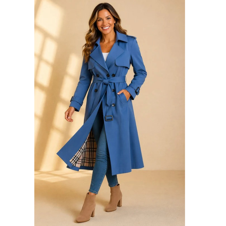 Women's belted double-breasted trench coat with lapel collar and long sleeves