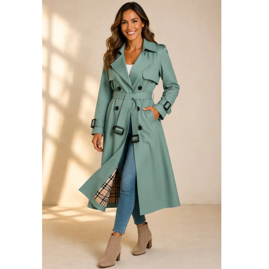 Women's belted double-breasted trench coat with lapel collar and long sleeves