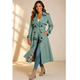 Women's belted double-breasted trench coat with lapel collar and long sleeves