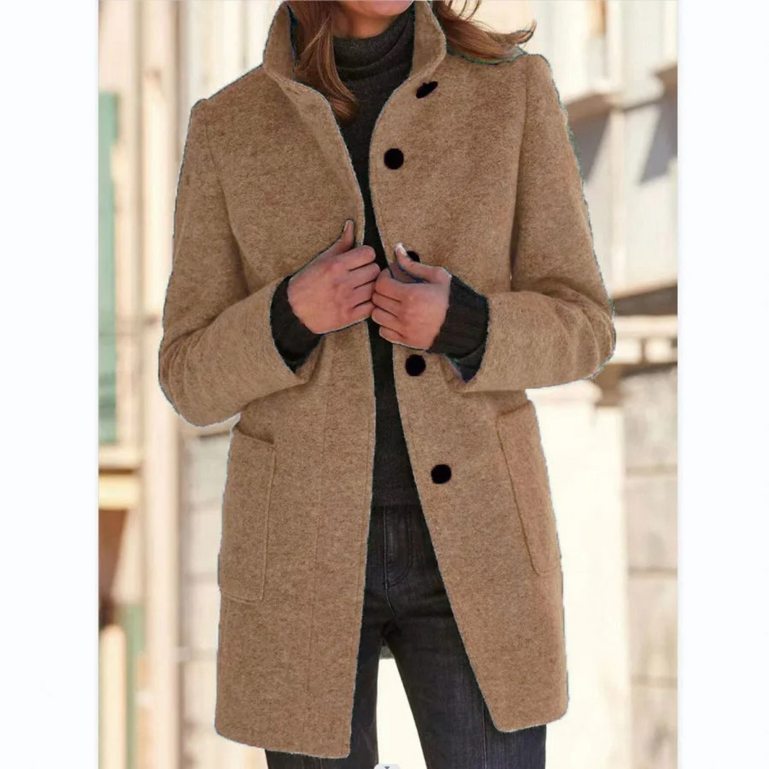 Women's mid-thigh winter coat with stand collar, buttons and front pockets