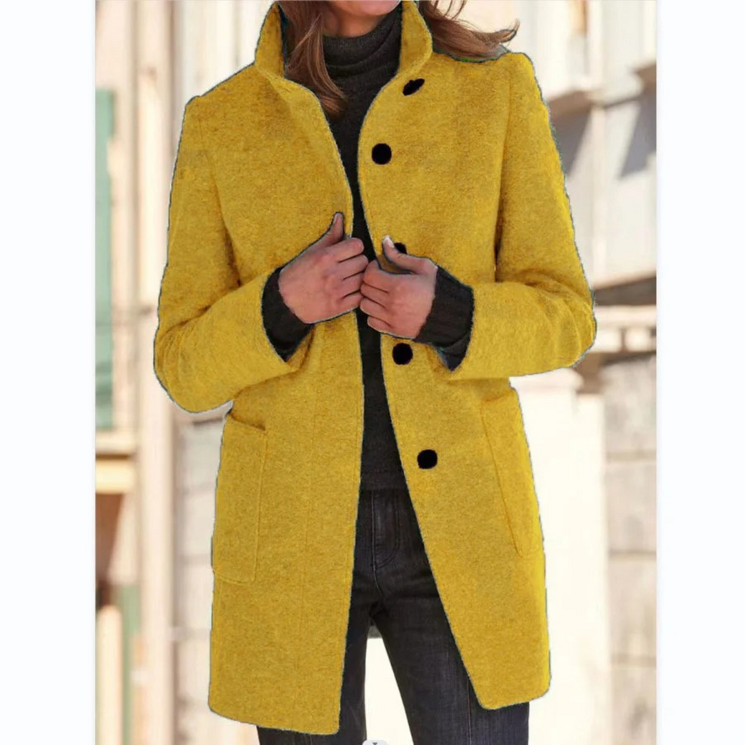 Women's mid-thigh winter coat with stand collar, buttons and front pockets