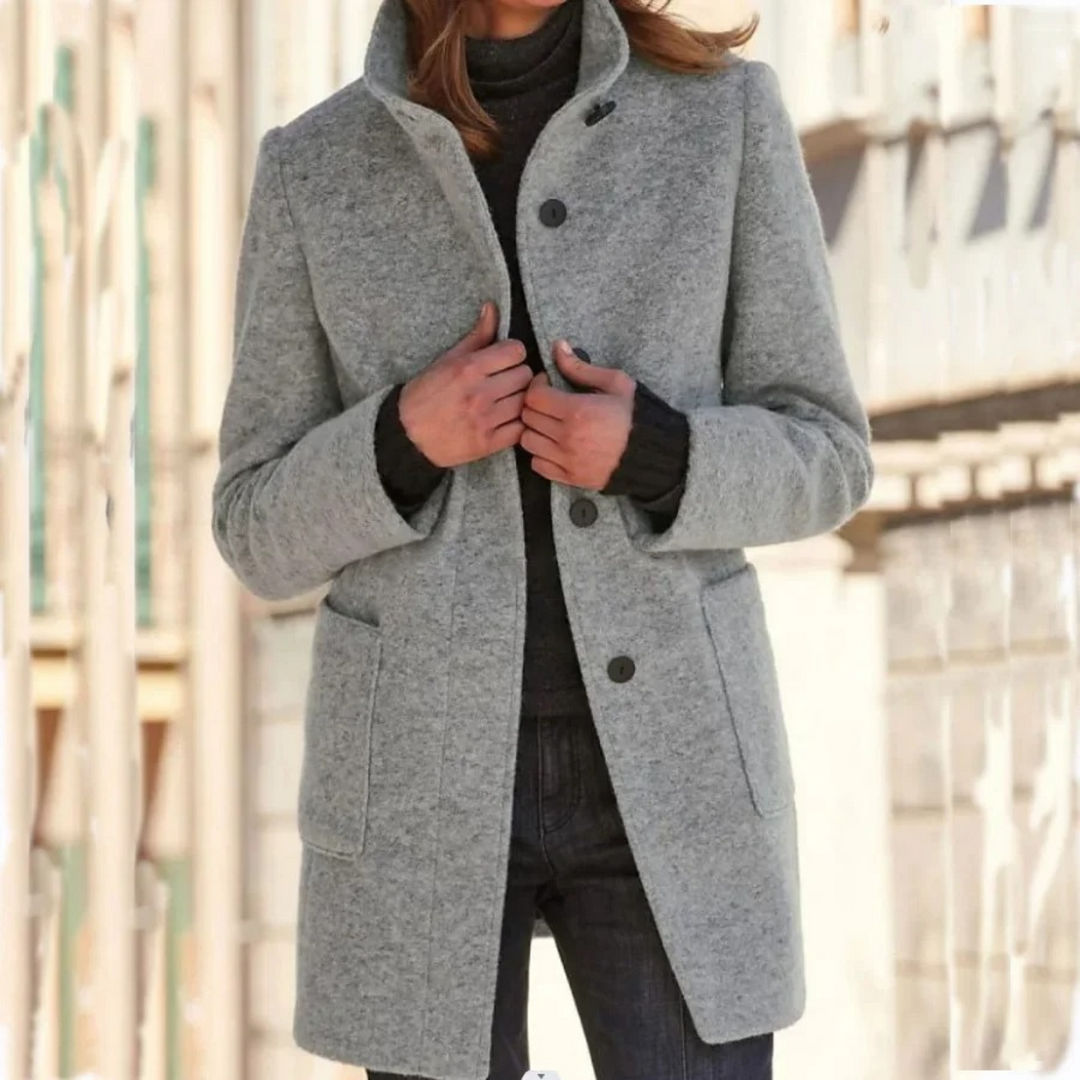 Women's mid-thigh winter coat with stand collar, buttons and front pockets