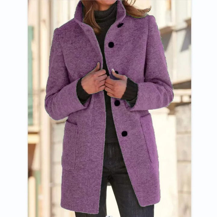 Women's mid-thigh winter coat with stand collar, buttons and front pockets