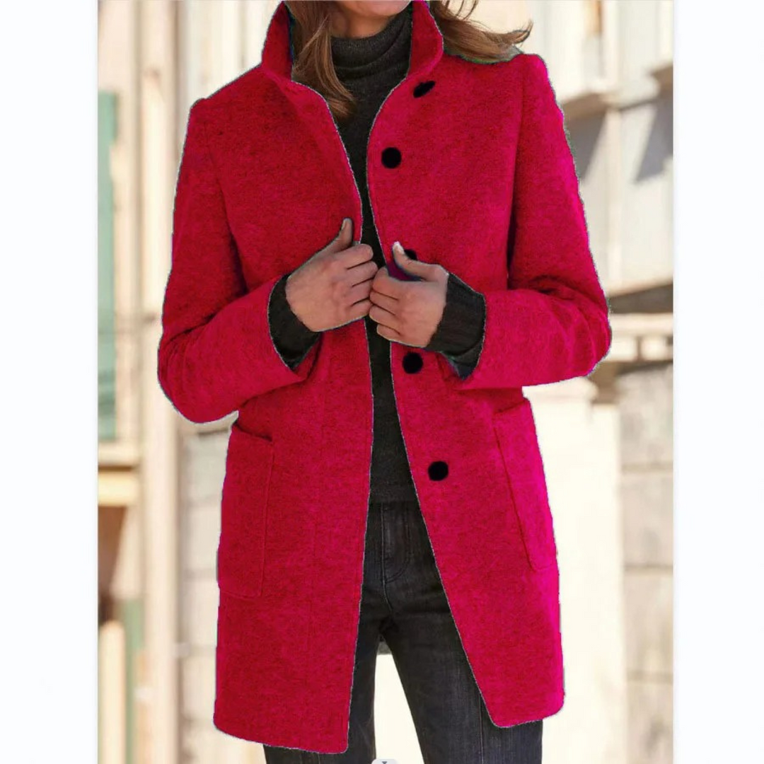 Women's mid-thigh winter coat with stand collar, buttons and front pockets