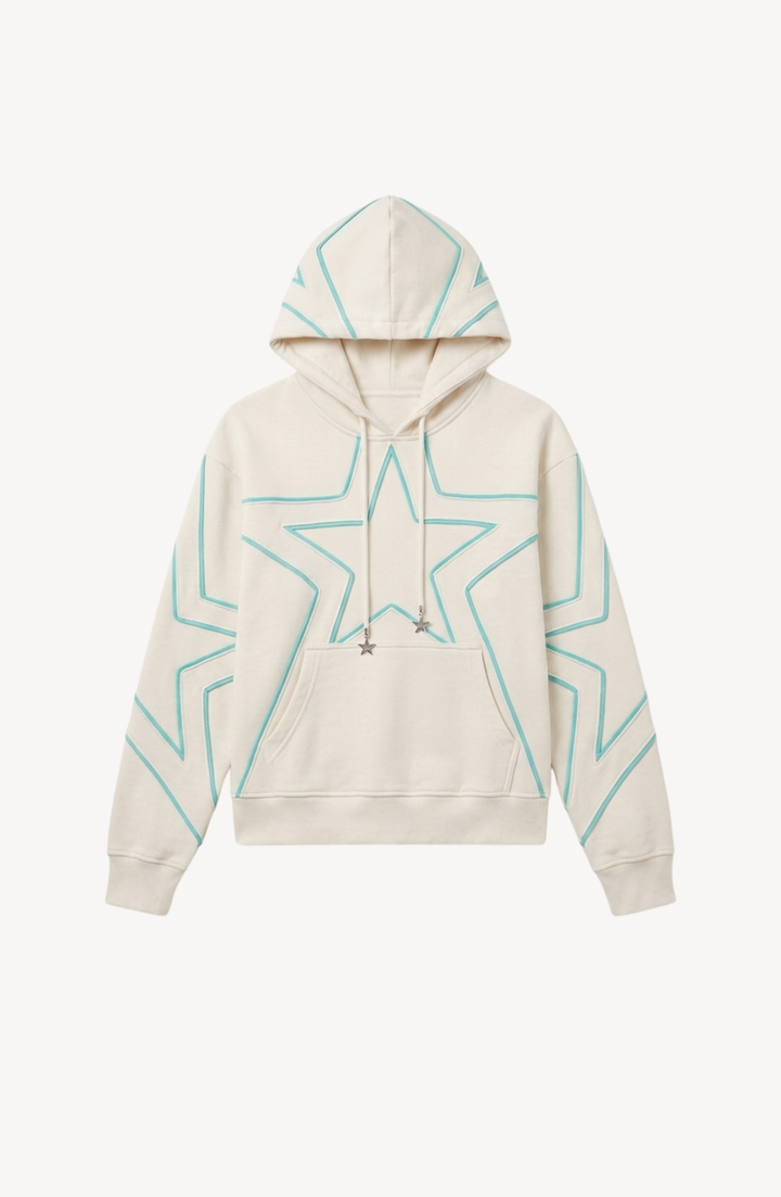 Cream hoodie with turquoise outlined star detailing, drawstring hood and kangaroo pocket