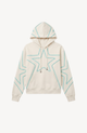 Cream hoodie with turquoise outlined star detailing, drawstring hood and kangaroo pocket