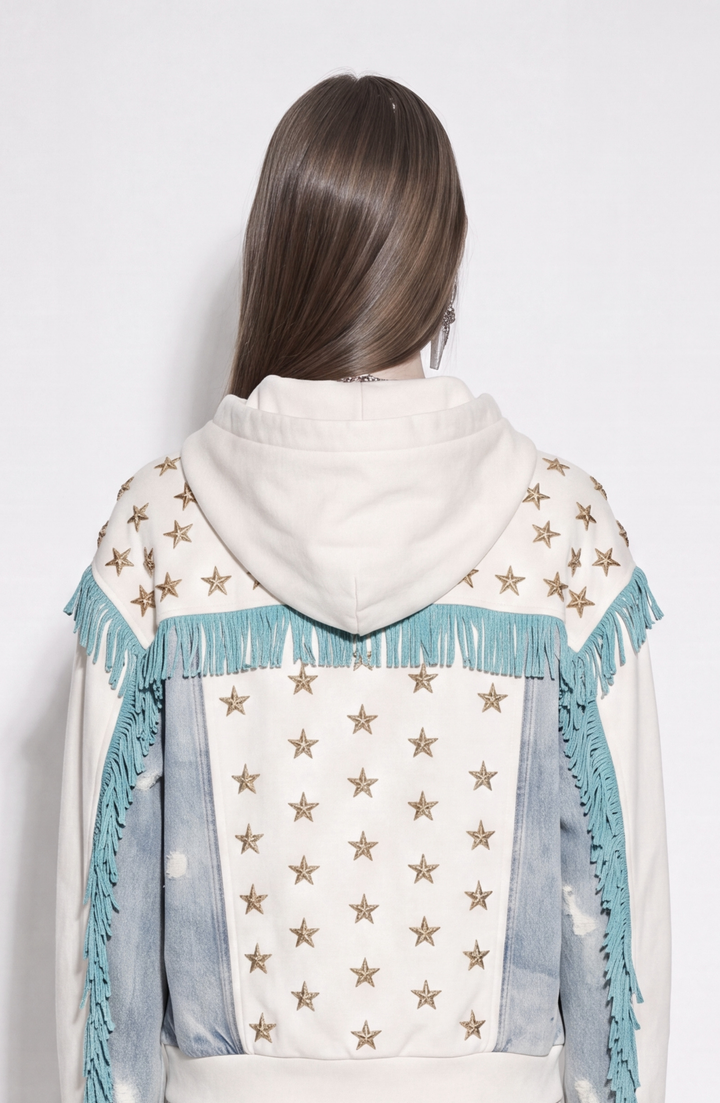 White hooded zip hoodie with gold stars, turquoise fringe and blue panels