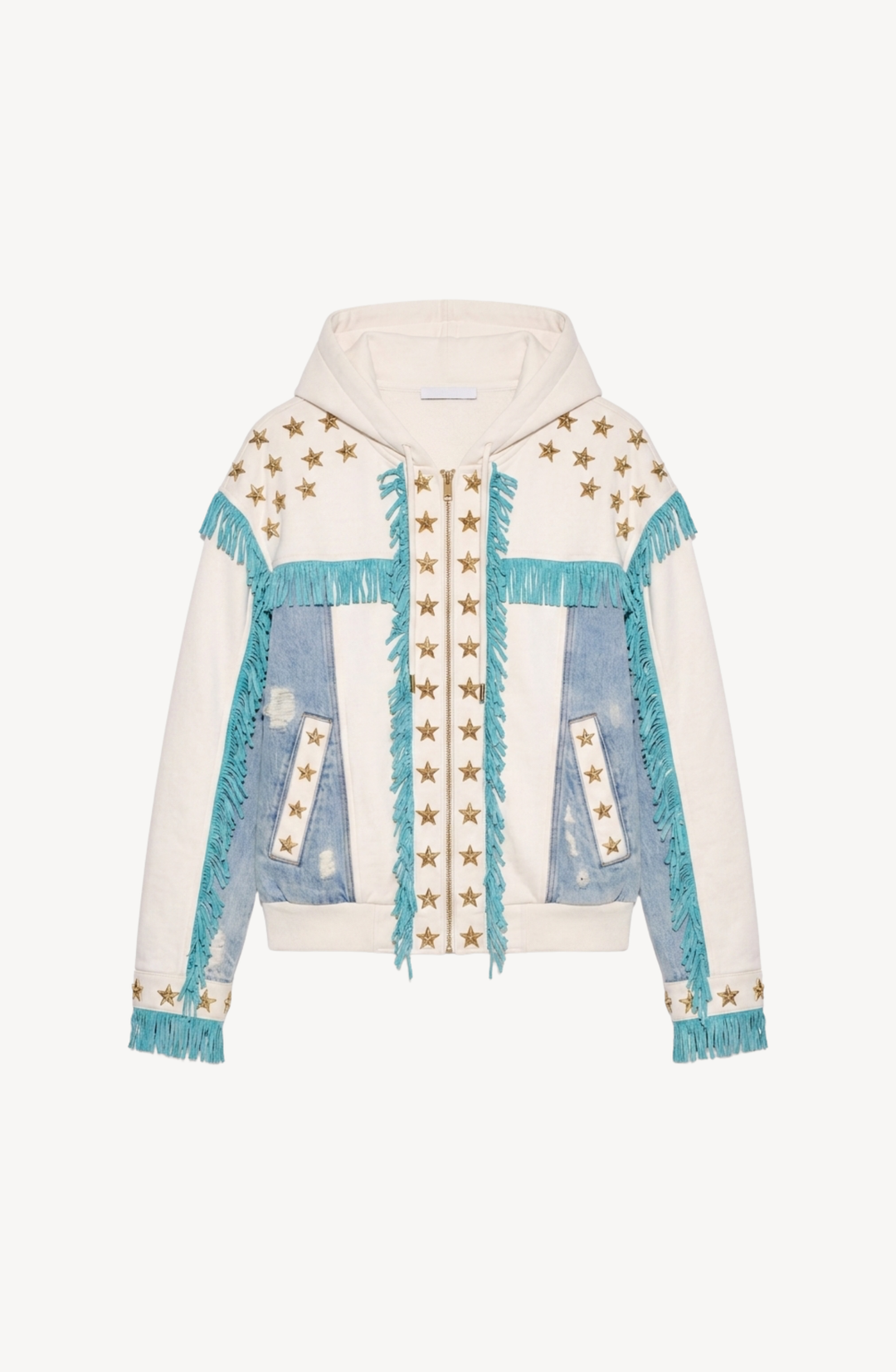 White hooded zip hoodie with gold stars, turquoise fringe and blue panels