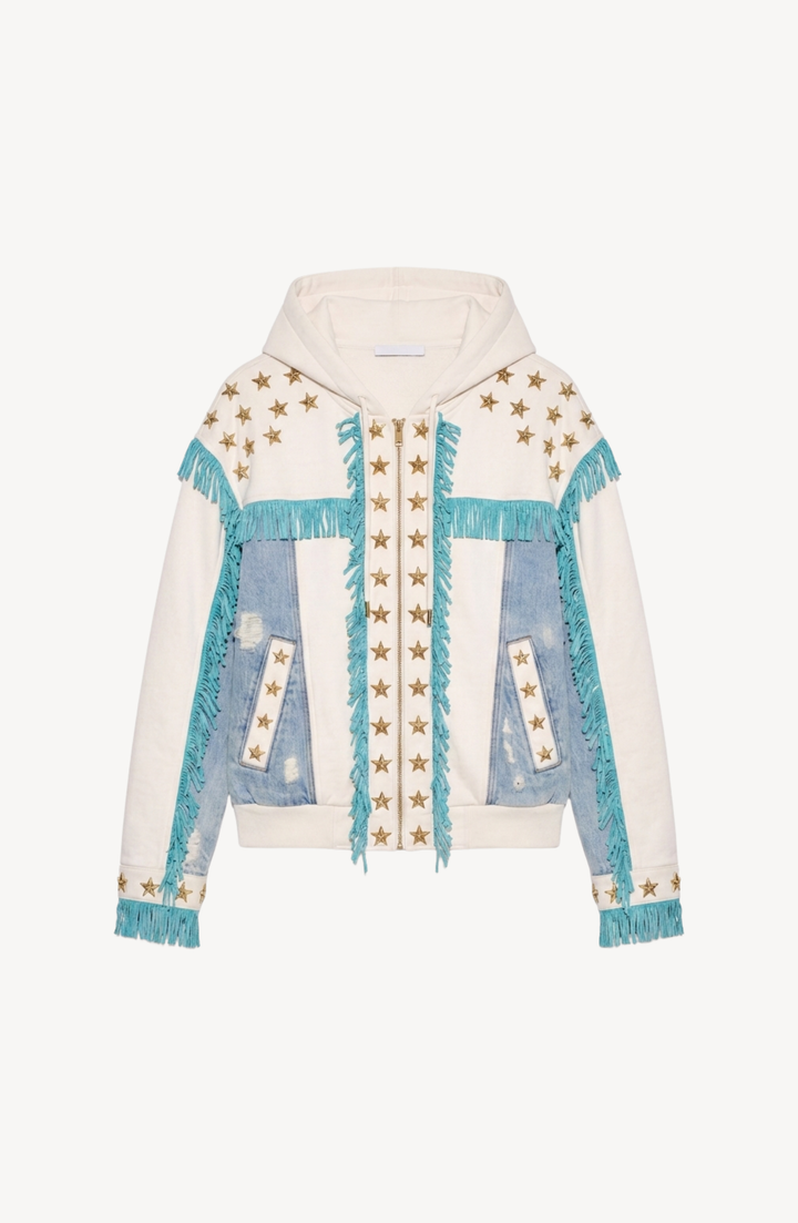 White hooded zip hoodie with gold stars, turquoise fringe and blue panels