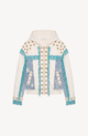 White hooded zip hoodie with gold stars, turquoise fringe and blue panels