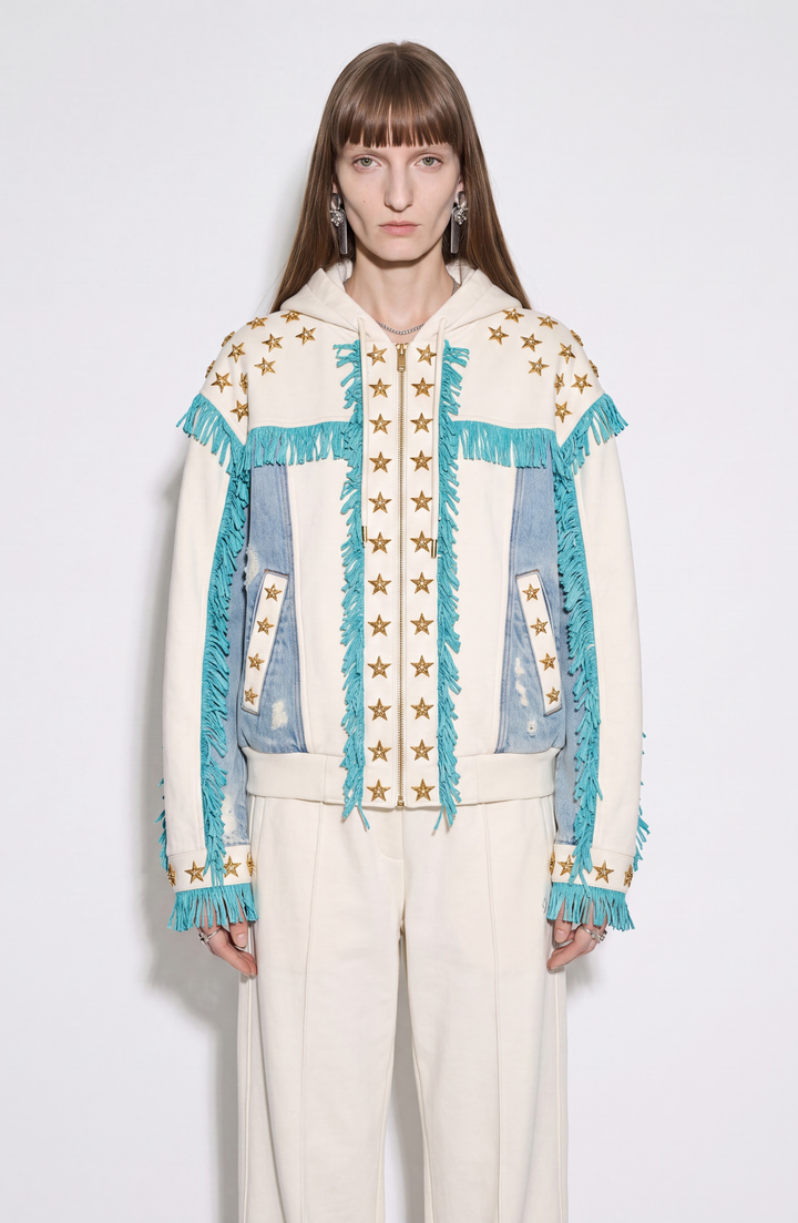 White hooded zip hoodie with gold stars, turquoise fringe and blue panels