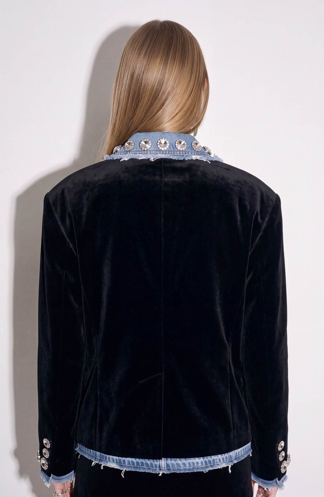 Black velvet blazer with blue denim lapels and crystal embellishments