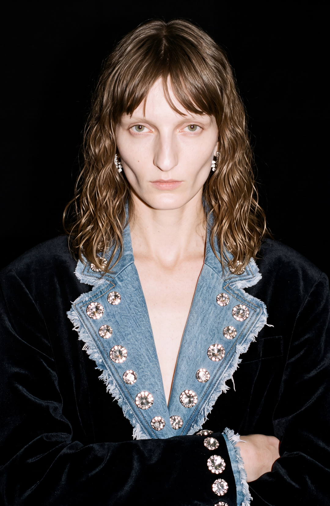 Black velvet blazer with blue denim lapels and crystal embellishments