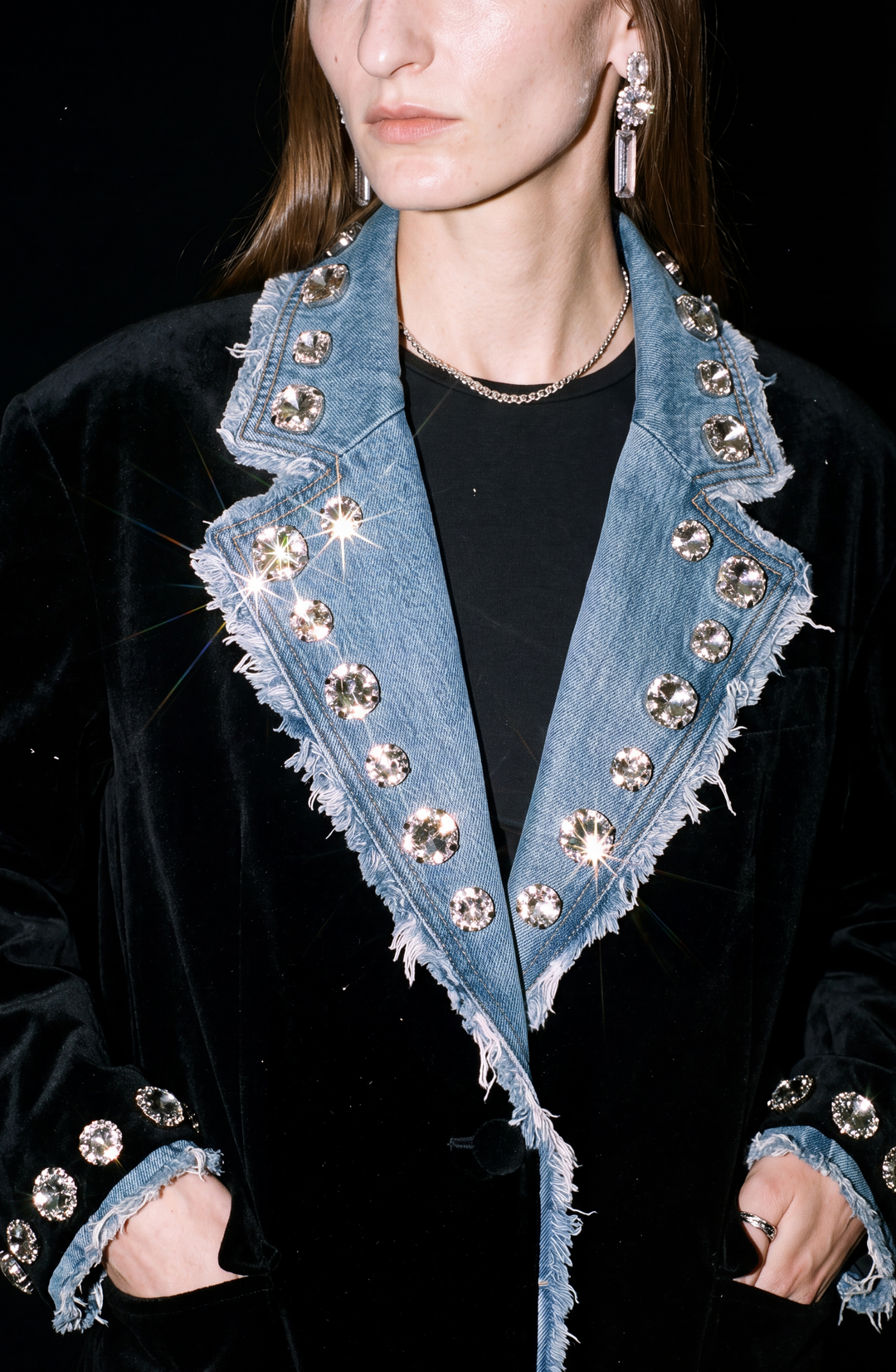 Black velvet blazer with blue denim lapels and crystal embellishments